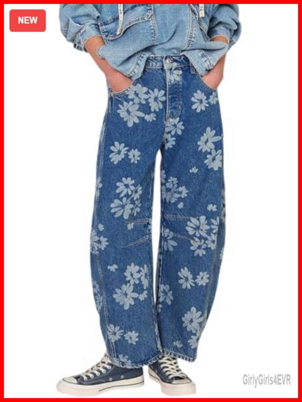 Women's Mid Rise Baggy Barrel Jeans Floral Wide Leg Y2k Boyfriend Ankle Pants